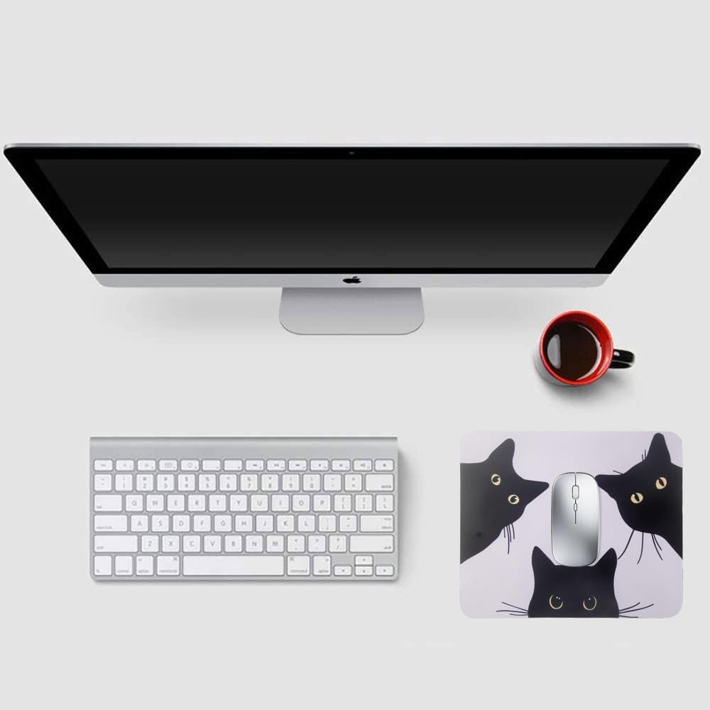 Mouse Pad, Gaming Mouse Pad, Non-Slip Rubber Base Mouse Mat with Designs for Laptop, Computer & Office, 9.5 x 7.9 x 0.12 inches (Black cat face)