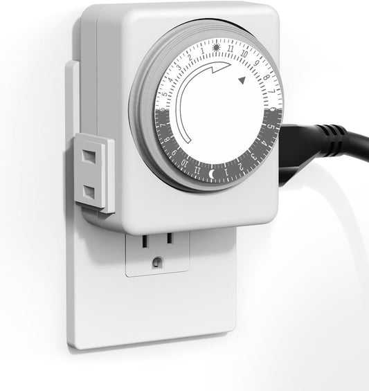 HBN Outlet Timer for Electrical Outlets Indoor, 24 Hour Mechanical Light Timers for Lamps, Dual 2-Prong Plug-in Outlets, 15-Minute Intervals, Heavy Duty Daily Cycle, 1 Pack