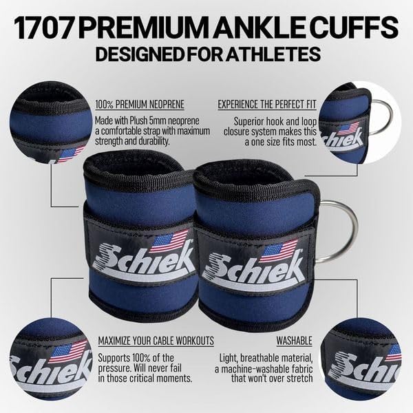 Schiek Sports 1707 Ankle Cuffs - Ideal for Glute Kickbacks and Cable Machine Workouts - Durable and Built To Last