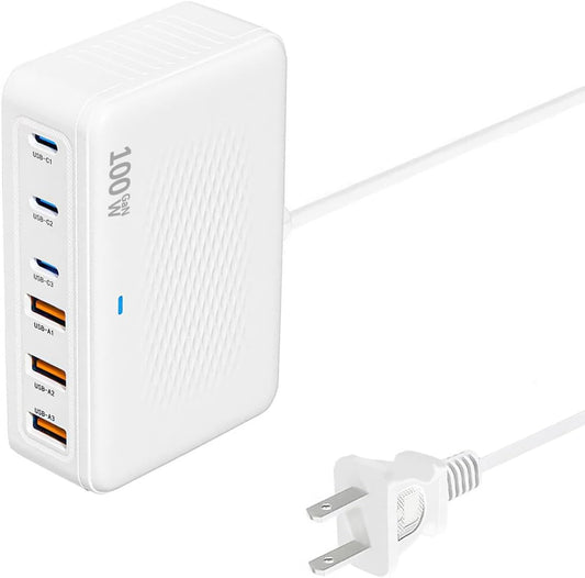 USB C Charger Block 100W Charging Station Hub GaN-III 6 Port Type C Travel Charger for Multiple Devices USB C Power Strip Adapter Plug Cube Brick for iPhone 16 15 14 13 12 Pro Max,iPad,Galaxy,5ft Cord