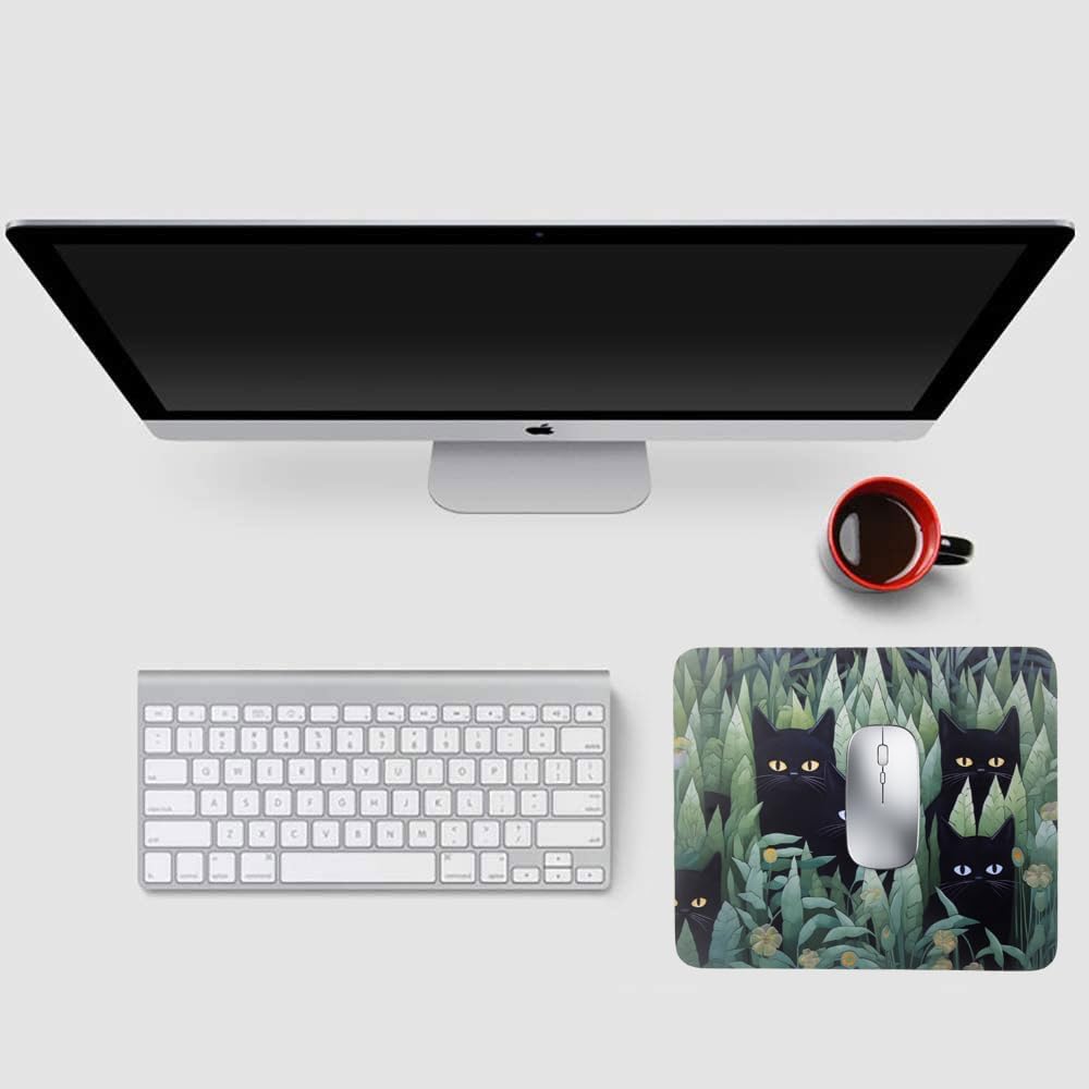 Mouse Pad, Gaming Mouse Pad, Non-Slip Rubber Base Mouse Mat with Designs for Laptop, Computer & Office, 9.5 x 7.9 x 0.12 inches (Black Cats in Grass)