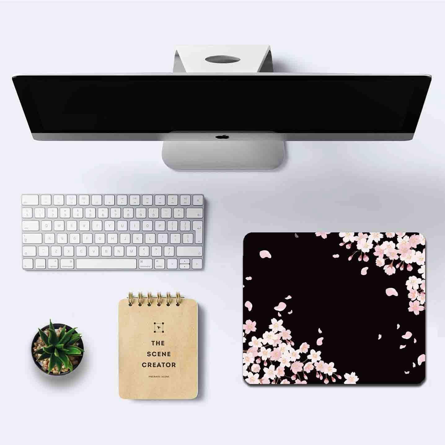IMAYONDIA Cute Pink Flowers Mouse Pad, Cherry Blossom Mouse Pad, Serene Blossoms on Black Elegant Floral Mousepad, Japanese Minimalistic Mice pad for Computer Office Girl, 9.5 x 7.9 Inch