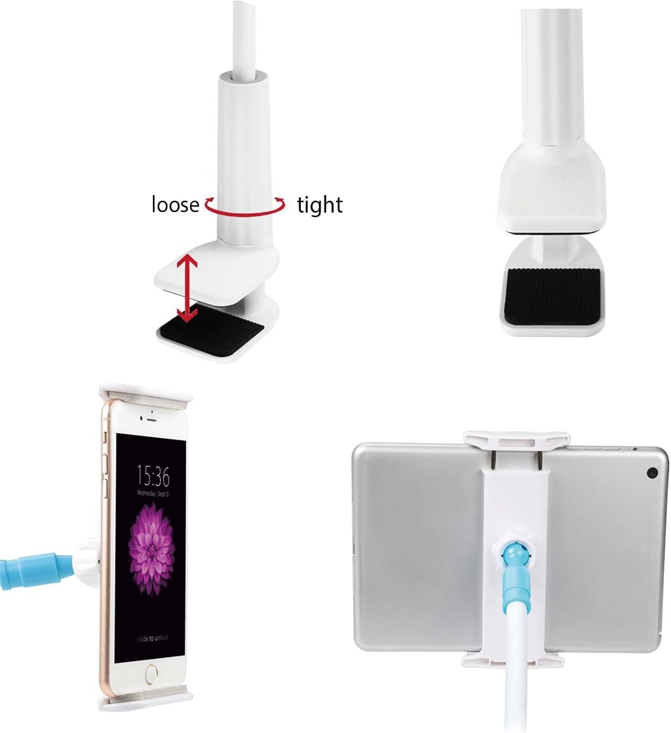 Phone Holder,gooseneck Phone Holder,360° Rotate Support Rod One-Hand Adjustable Cell Phone Holder,for Desk Headboard Nightstand. (White)