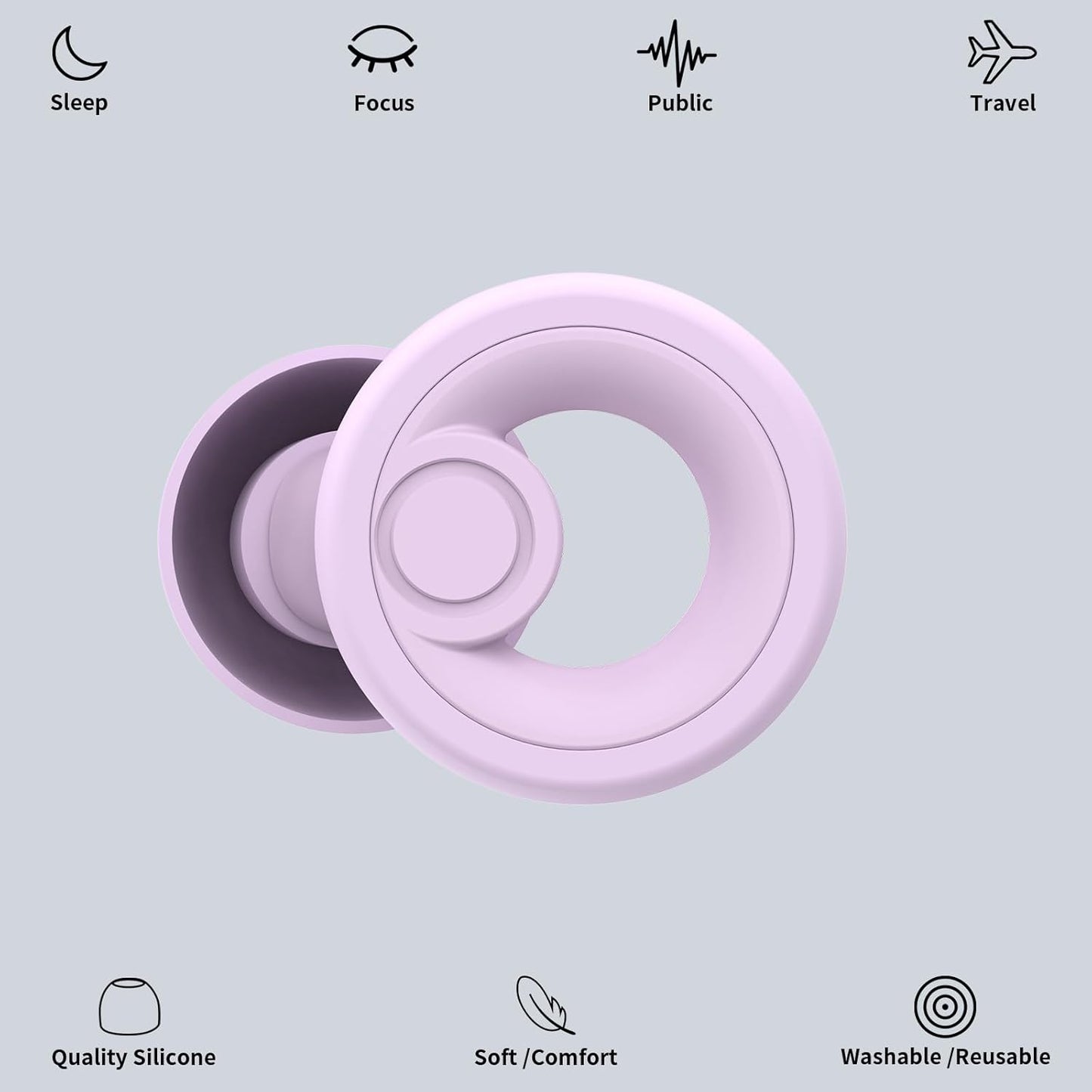 Ear Plugs for Noise Reduction, Reusable Concert Earplugs Hearing Protection, Soft Silicone Ear Plugs for Sleeping, Focus, Noise Sensitivity - Ear Tips in XS/S/M/L - Purple