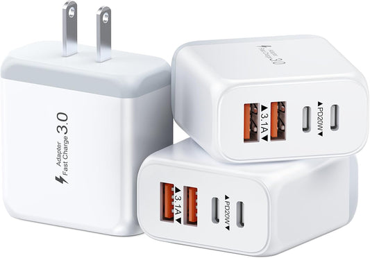 40W USB C Charger Block, 3 Pack 4-Ports Type C Fast Charging Cubes PD USBC Wall Plug+QC 3.0 USB A, Multiple USB C Charger for iPhone 16/15/14/13/12/11 Pro Max/XS, Samsung Galaxy, iPad, Tablet, Pixel