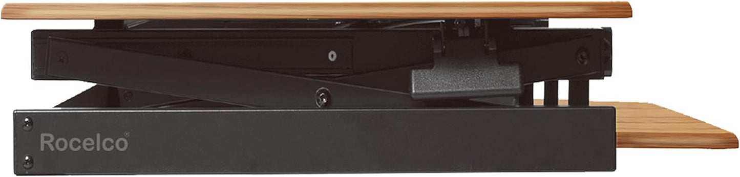 Rocelco 46" Large Height Adjustable Standing Desk Converter - Quick Sit Stand Up Triple Monitor Riser - Gas Spring Computer Workstation - Retractable Keyboard Tray - Teak Wood Grain (R DADRT-46)