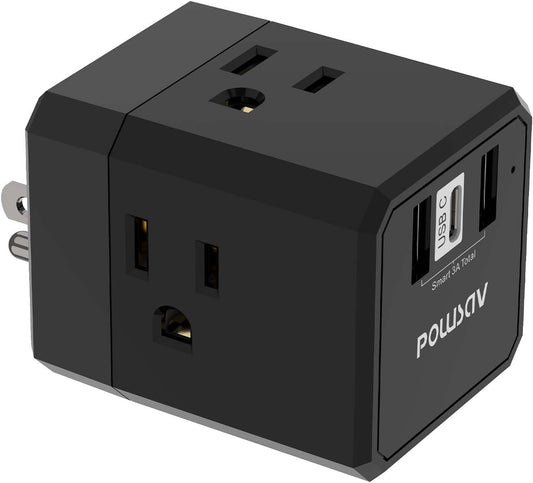 Cruise Ship Essentials, 3-Side Outlet Splitter with 3 USB Ports(1 USB C) USB Wall Charger, Outlet Extender for Home, Office and Cruise, ETL Listed, Black