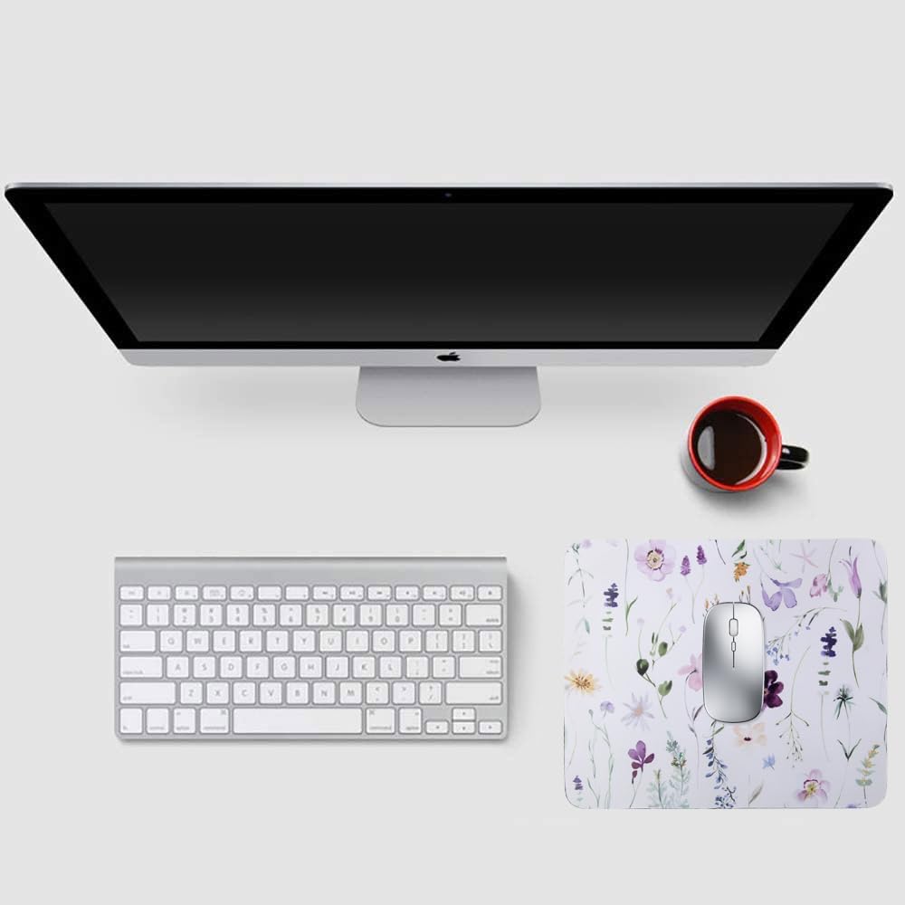 Mouse Pad, Gaming Mouse Pad, Non-Slip Rubber Base Mouse Mat with Designs for Laptop, Computer & Office, 9.5 x 7.9 x 0.12 inches (Purple Flowers)