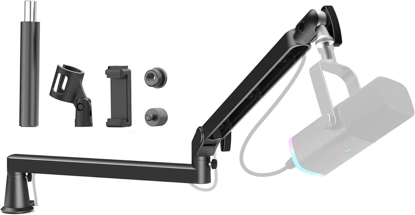 Low Profile Mic Arm 15cm Extra Riser Adjustable Mic Boom Arm Metal Desk Mounted Microphone Stand Cable Management Flexible Microphone Holder for Podcast Streaming Gaming Desktop