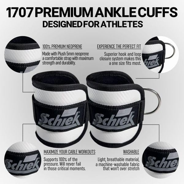 Schiek Sports 1707 Ankle Cuffs - Ideal for Glute Kickbacks and Cable Machine Workouts - Durable and Built To Last