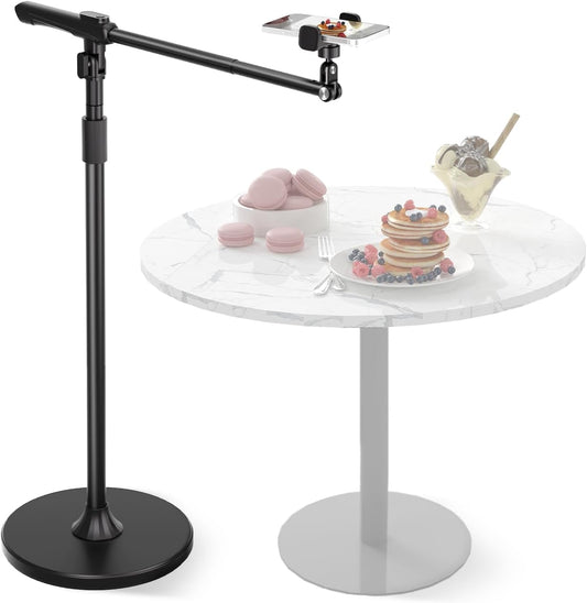 Phone Floor Stand, Overhead Phone Mount with Extendable Horizontal Arm & Remote, 360° Rotatable Extension Arm, Adjustable Tripod Stand for iPhone Video Recording, Photography, Live Streaming