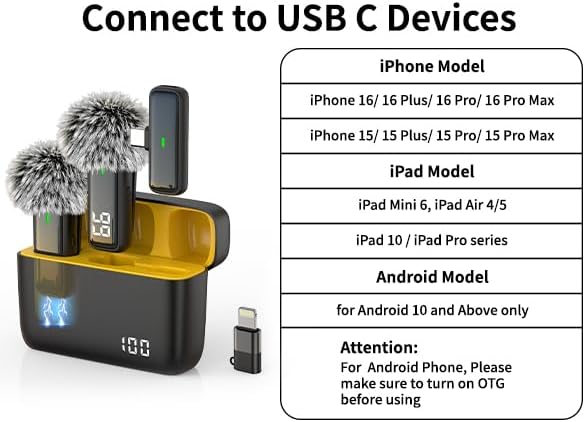 Wireless Microphone for iPhone Android Lav Mic USB C Lavalier Microphone Type C Lapel Mic for iPhone 15/16 iPad Video Recording Vlog TikTok - 24H Charging Case Noise Reduction