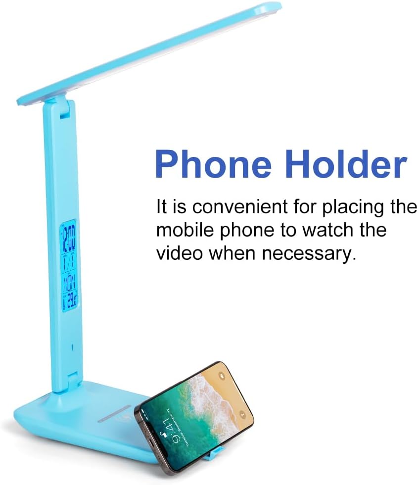 Multifunctional LED Desk Lamp with Wireless Charger,USB Charging Port,Clock,Phone Holder,Desk Lamps for Home Office,Eye-Caring Reading Lamp,Study Lamp for Boys,Girls,Teens,Blue