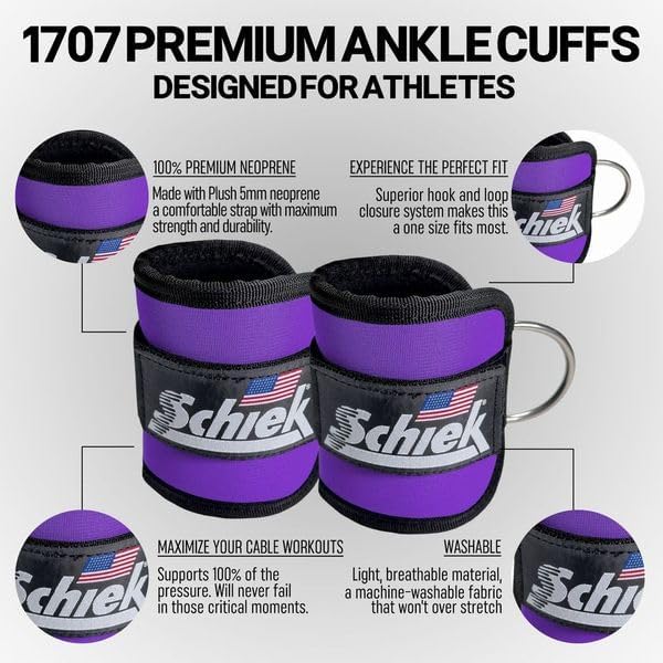 Schiek Sports 1707 Ankle Cuffs - Ideal for Glute Kickbacks and Cable Machine Workouts - Durable and Built To Last