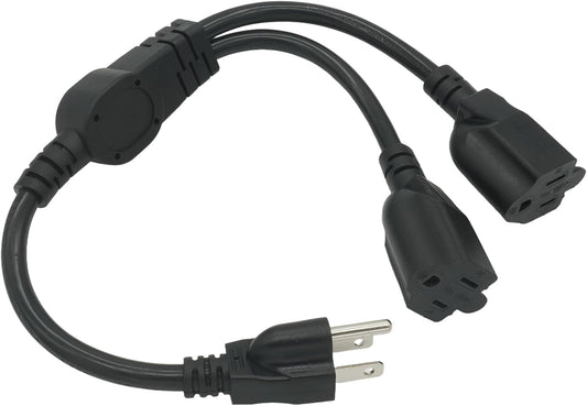 Y Splitter Extension Cord, 1.4FT 2 Way 1 to 2 Splitter Extension Cord, 3 Prong SJT 16AWG NEMA 5-15P to NEMA 5-15R x2, Male to Female Power Cord Cable Wire Extender Space Saver, 125V 13A 1625W, Black