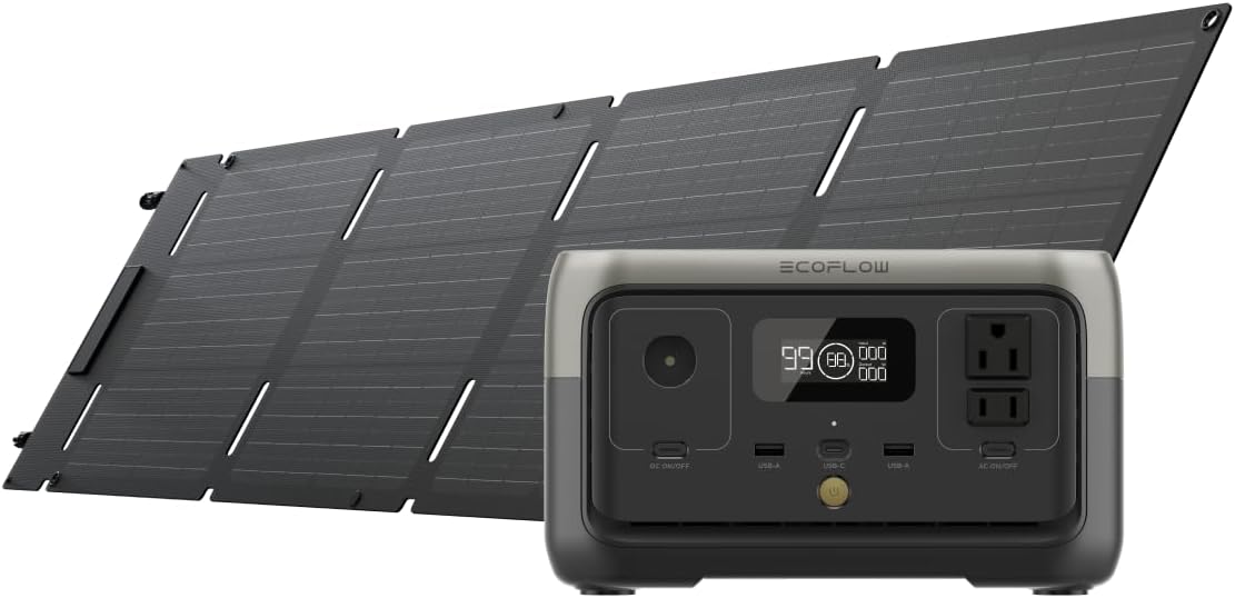 EF ECOFLOW Portable Power Station RIVER 2 with 60W Solar Panel, 256Wh LiFePO4 Battery/ 1 Hour Fast Charging, Up to 600W Output, Solar Generator for Outdoor Camping/RVs/Home Use