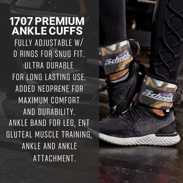 Schiek Sports 1707 Ankle Cuffs - Ideal for Glute Kickbacks and Cable Machine Workouts - Durable and Built To Last