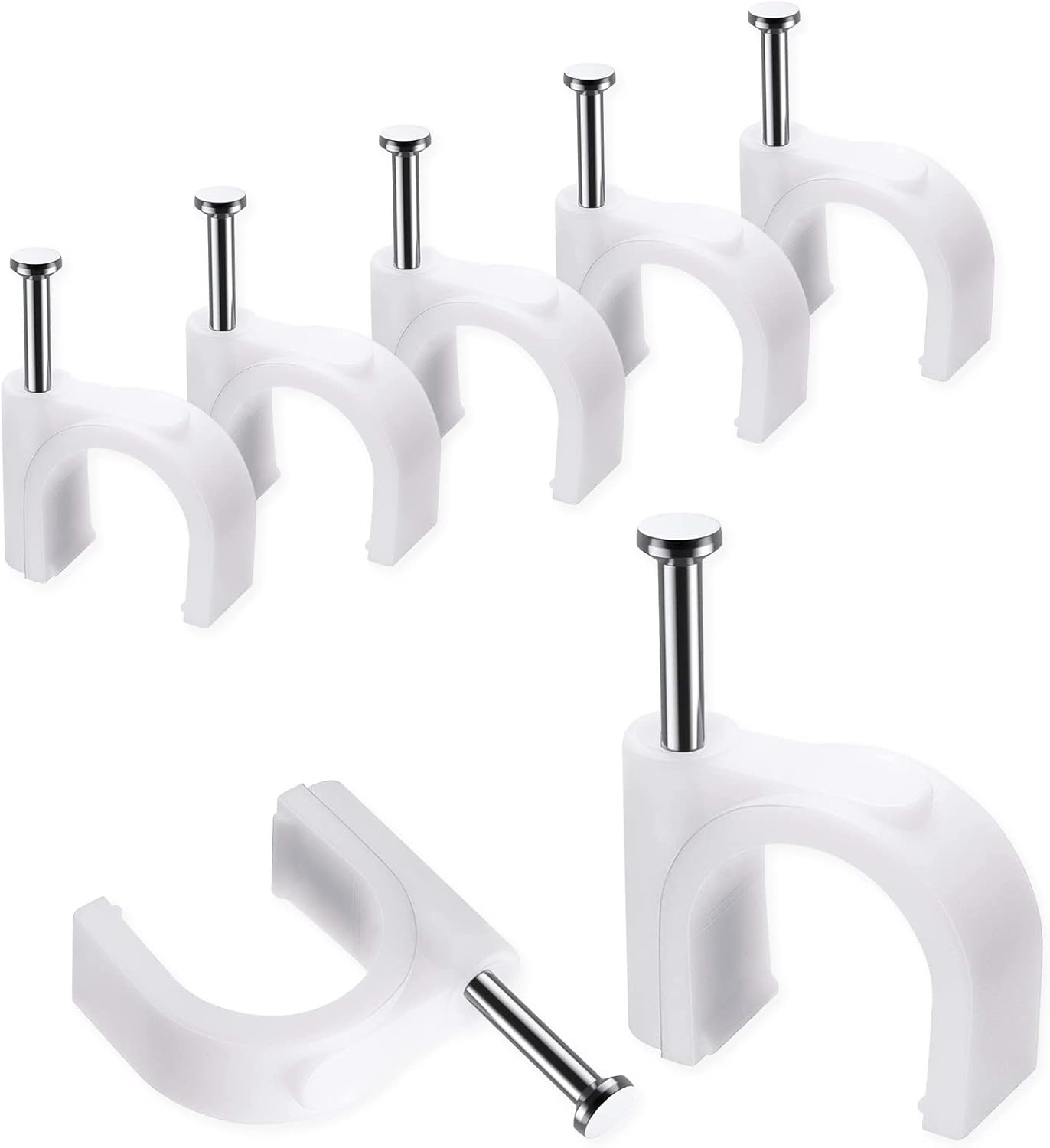 Cable Clips, 100 Pcs, 10mm, Wire Wall Clips with Steel Nails, Cable Management Organizer Clips, Cable Tacks Coax Holder Clips, RG6 RG59 CAT6 RJ45 Cable Cord Clips, White