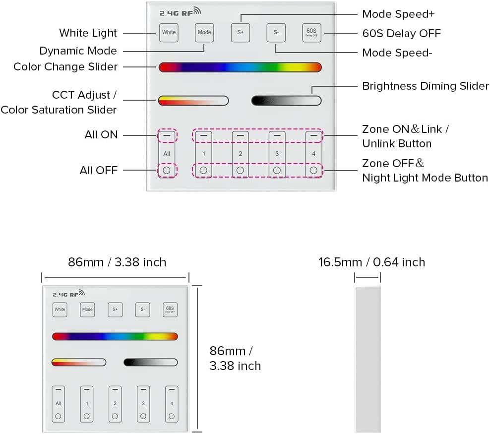 BTF-LIGHTING WR01RF Wireless 2.4G RF 4 Zones RGB RGBW RGBCCT Wall Mounted Smart Panel Remote Powered by 2XAAA Batteries 3V Work with DR03W DR04W WB5 LM052 C03RF C04RF C05RF C03W C04W C05W Controller
