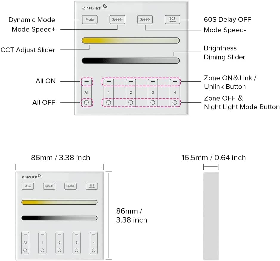 BTF-LIGHTING WR02RF Wireless 2.4G RF 4 Zones CCT Color Temperature LED Strip Wall Mounted Smart Panel Remote Powered by 2XAAA Batteries 3V Work with WB5 LM052 LM053 C02RF C02W C01RF C01W Controller