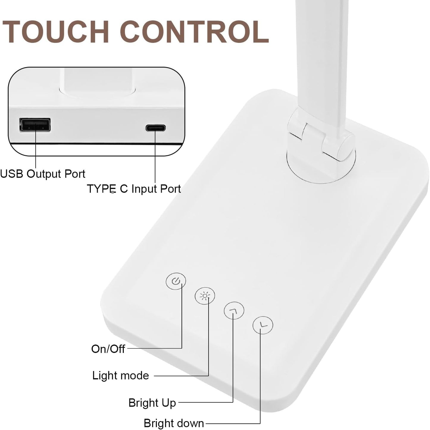 LED Desk Lamp with USB Charging Port Whole White for Home Office Essentials Table Lamp with Eye-Caring 4 Color Temperature Touch Control Stepless Dimming Desk Light for College Dorm