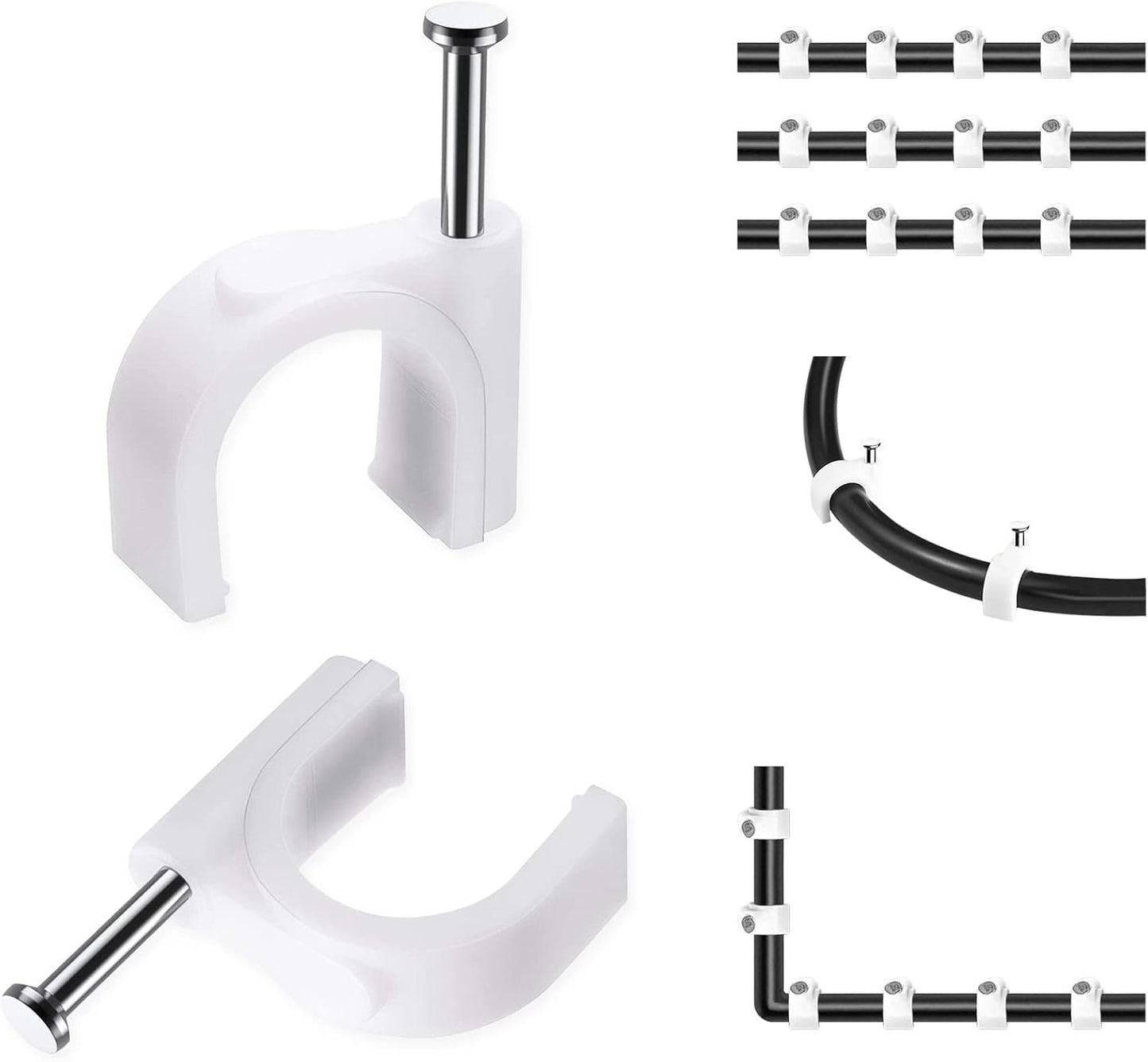 Cable Clips, 100 Pcs, 8mm, Wire Wall Clips with Steel Nails, Cable Management Organizer Clips, Cable Tacks Coax Holder Clips, RG6 RG59 CAT6 RJ45 Cable Cord Clips, White