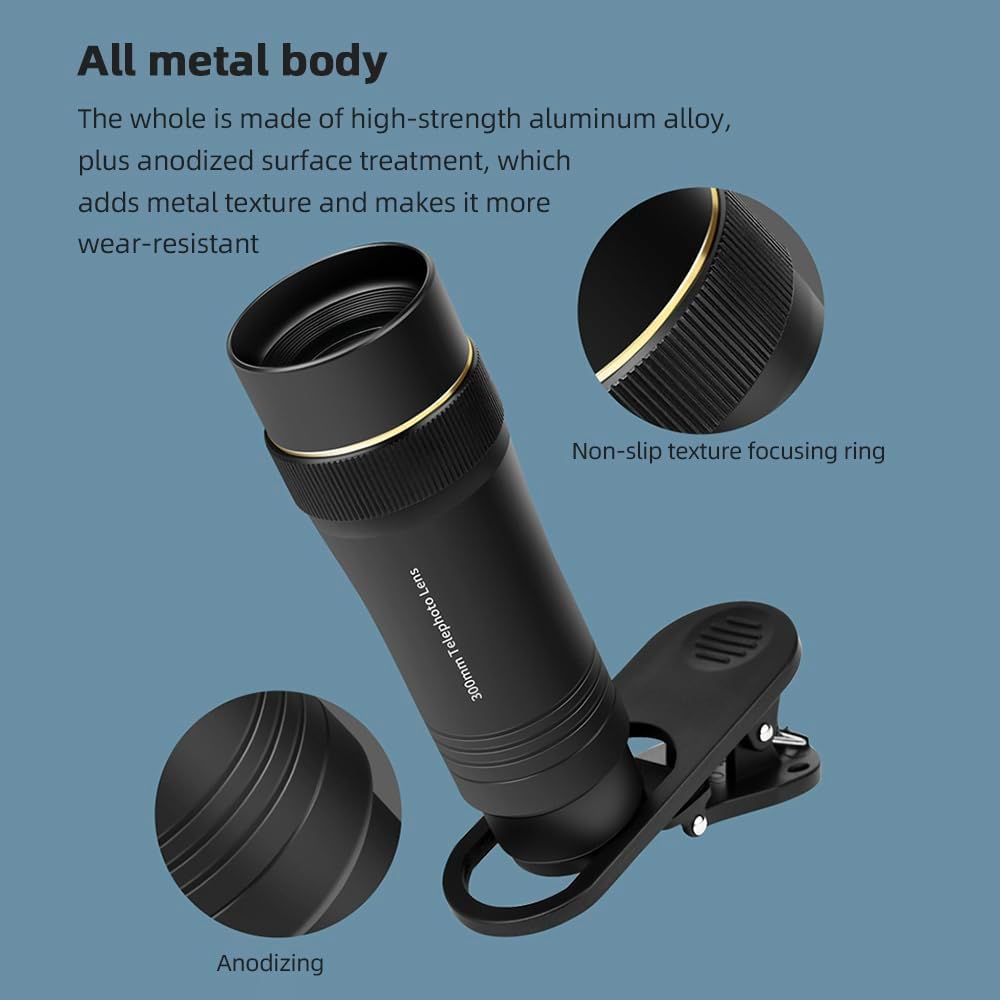 Andoer 300MM Phone Telephoto Lens for Smarphone Zoom Lens 10X with Universal Lens Clip Cleaning Cloth Storage Bag for Hiking Camping Wildlife Observation Moon Sports Game Concert Watching