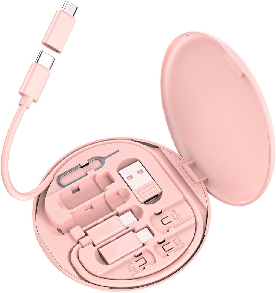 Multi USB C Adapter Kit, Charging Cable Case USB C to Type C/Micro/USB A Converter Contains Card Storage,Phone Holder, Tray Eject Pin for Traveling(Pink)