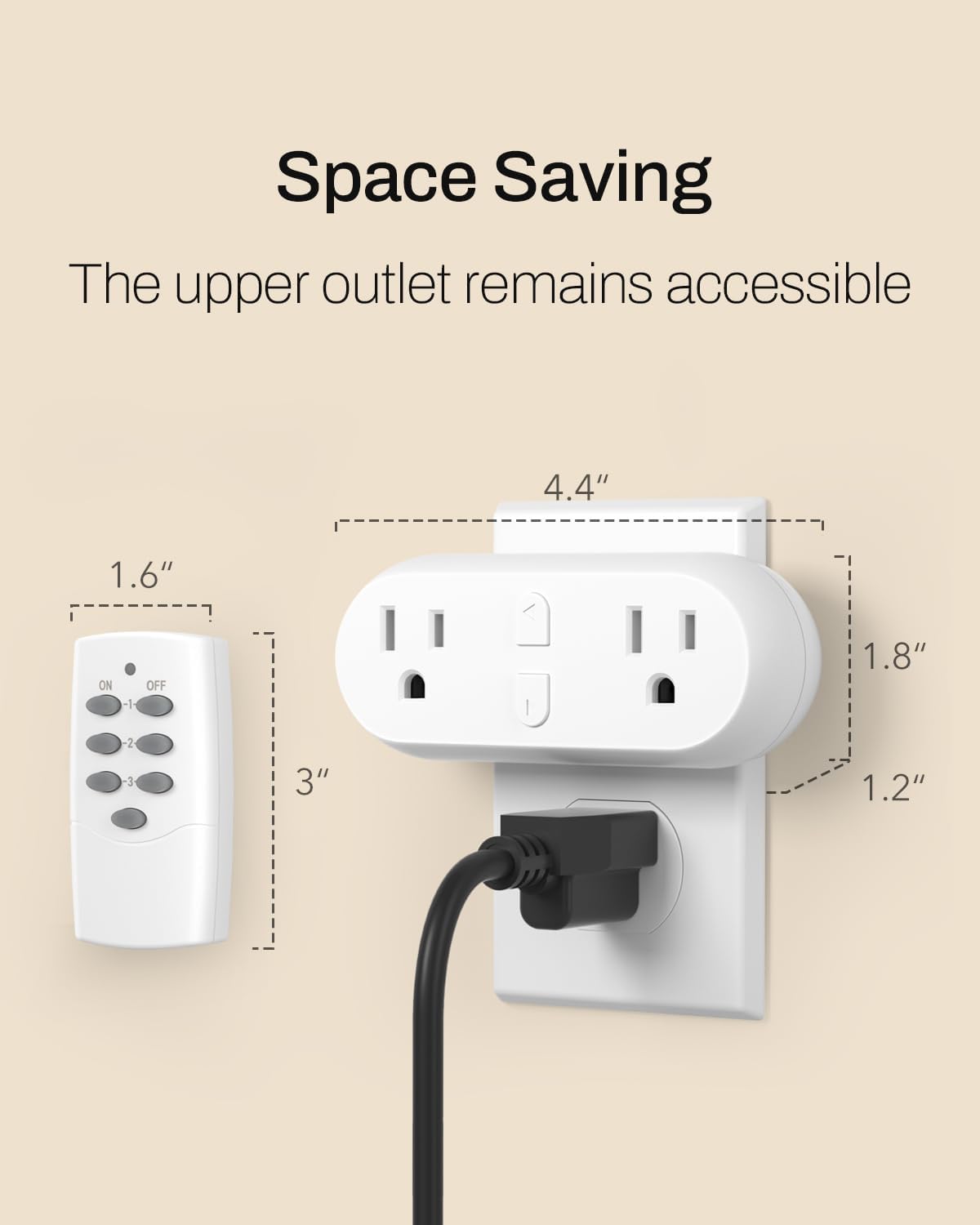 HBN Wireless Remote Control Outlet with 2 Individual Switch Control, Compact Design Sockets Plug Up to 100ft Remote Range, Battery Included, 15A/1875W, ETL Certified