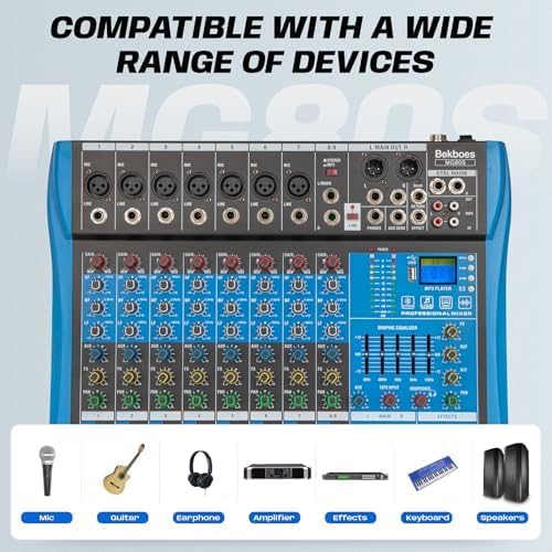 Professional Audio Mixer, 8 Channel, Input 48V Phantom Power Stereo Digital USB Bluetooth MP3 Computer Input, Build-in 16 Effect DSP, for Recording, Live Streaming, Podcasting MG80S