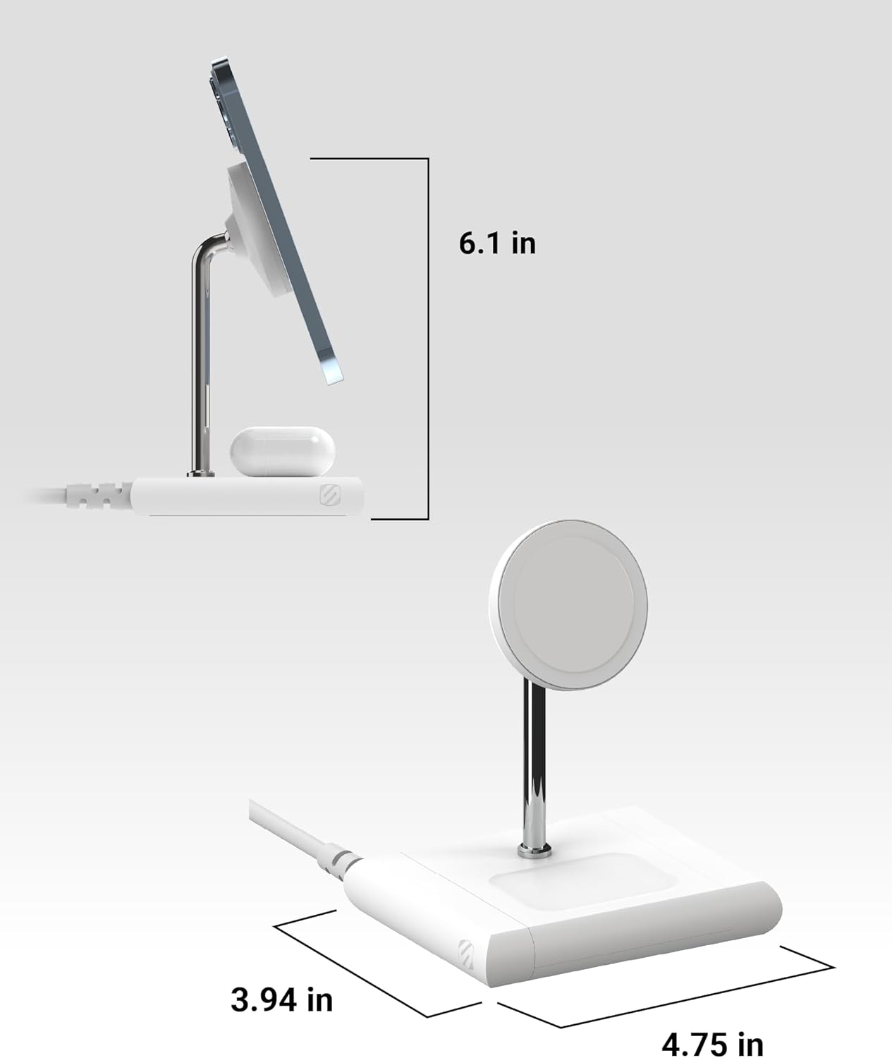 Scosche BL2MSiQWT-AP BaseLynx™ 2.0 2-in-1 Modular Charging Station with MagSafe, 15W Fast Wireless Charging Phone Stand Compatible w/Apple iPhone 15/14/13/12 Series, 5W Charger Pad for AirPods, White