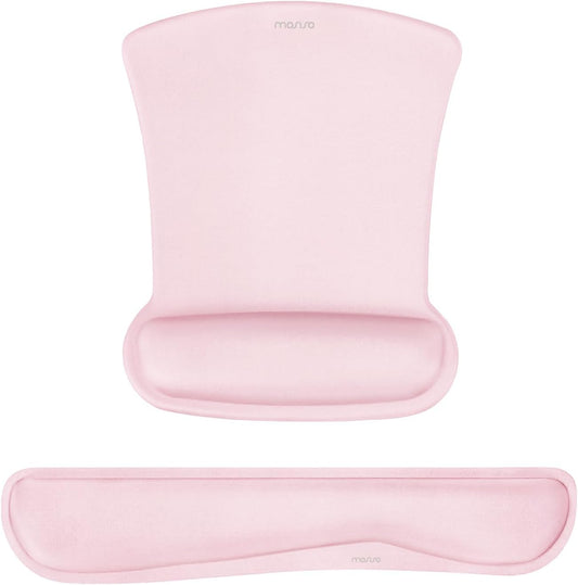 MOSISO Wrist Rest Support for Mouse Pad & Keyboard Set, Ergonomic Mousepad Non-Slip Base Home/Office Pain Relief & Easy Typing Cushion with Neoprene Cloth & Raised Memory Foam, Rose Pink