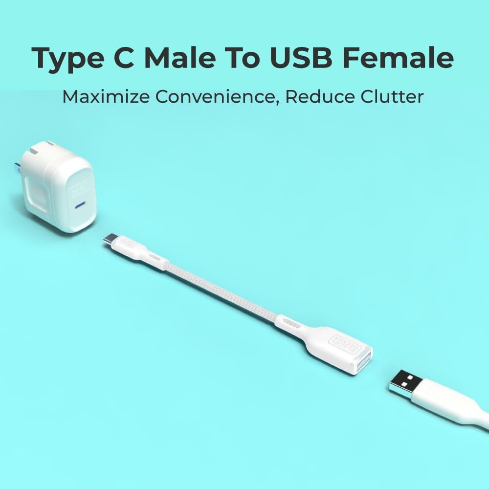 BLACK+DECKER USB C to USB A Adapter, USB C Male to USB Female Adapter Nylon Braid, Type C OTG Cable Compatible w/iPhone 16 15 Pro, MacBook Pro 2022/Air/Mini, iPad—2 Pack, 3" (White)