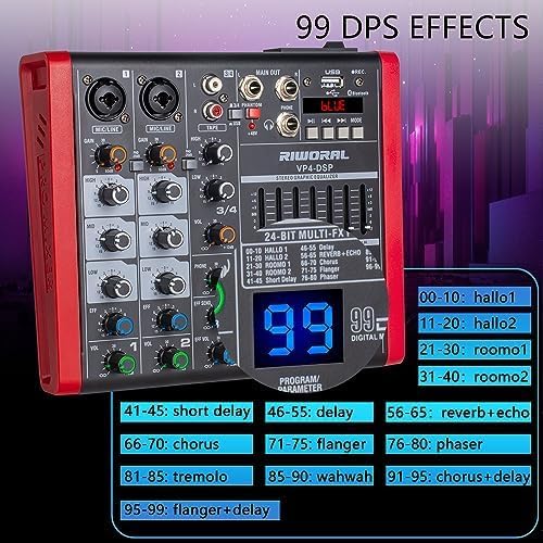 4 Channel Audio Interface DJ Mixer With 99 DSP Effects XLR 1/4 inch Jack For MIC/Musical Instrument USB PC Phone Bluetooth Music Audio Mixer for karaoke Stage Streaming Studio