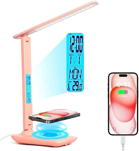 Multifunctional LED Desk Lamp with Wireless Charger,USB Charging Port,Clock,Phone Holder,Desk Lamps for Home Office,Eye-Caring Reading Lamp,Study Lamp for Boys,Girls,Teens,Pink
