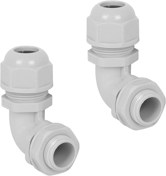 LeMotech M20 Cable Gland, 90 Degree Adjustable 9-14mm Strain Relief, Cord Connectors Nylon Joints with Gaskets, 2 Pcs, Grey