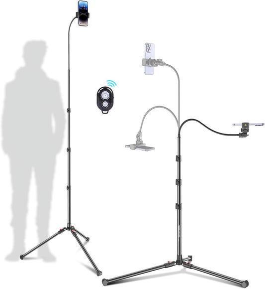 87" Phone Tripod, Overhead Flexible Tall Tripod Stand with Remote, Selfie Stick, Compatible with iPhone, 15.7" Gooseneck/Adjustable 360 Head, Gopro/Ring Light/Webcam/Video Recording/Vlogging