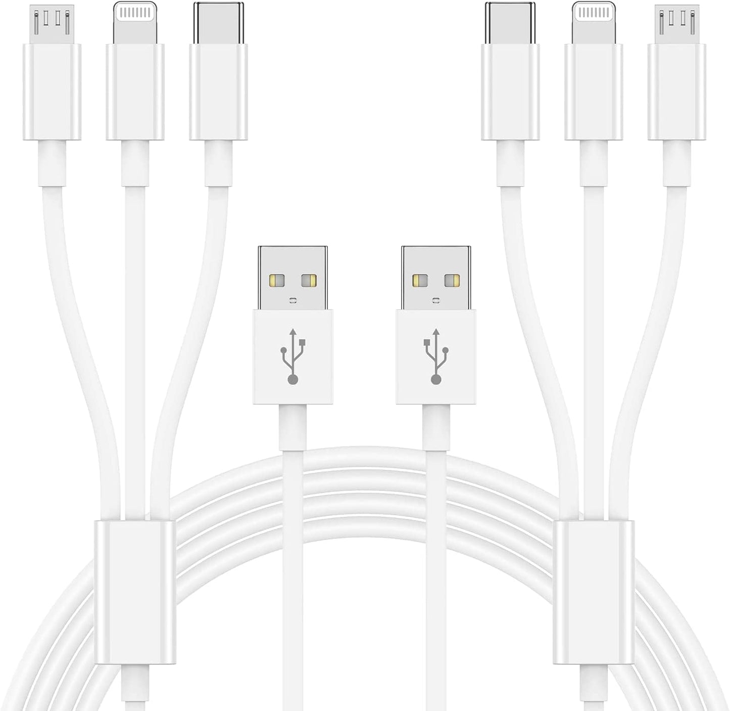 Multi Charger Cable 6Ft 2Pack, 3 in 1 Charging Cord, Universal Phone Charger, Multiple Charger Wire USB-A to Lightning/USB-Type C/Micro USB Connectors for Cellphone, Tablets and More (Charging Only)