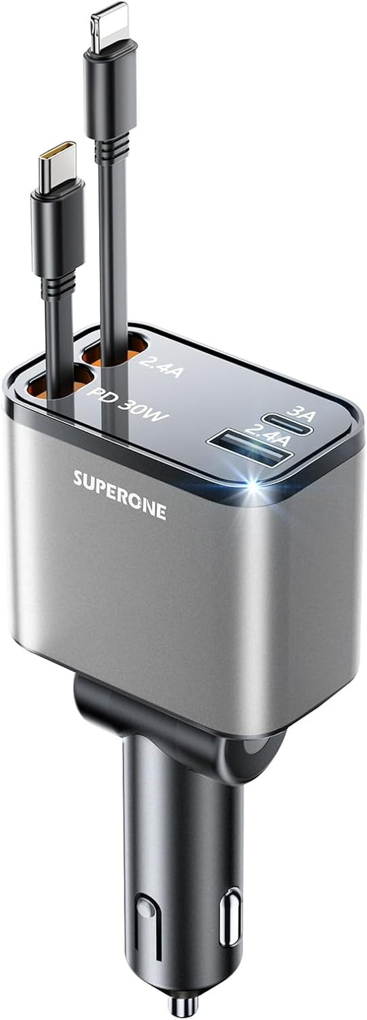 [2024 Upgraded] 4 in 1 Retractable Car Charger, SUPERONE Smaller Fast Car Phone Charger 69W with Cord, USB C and iPhone Car Charger Adapter, Compatible iPhone 15/15 Pro Max/14/13/12/11, Sumsung
