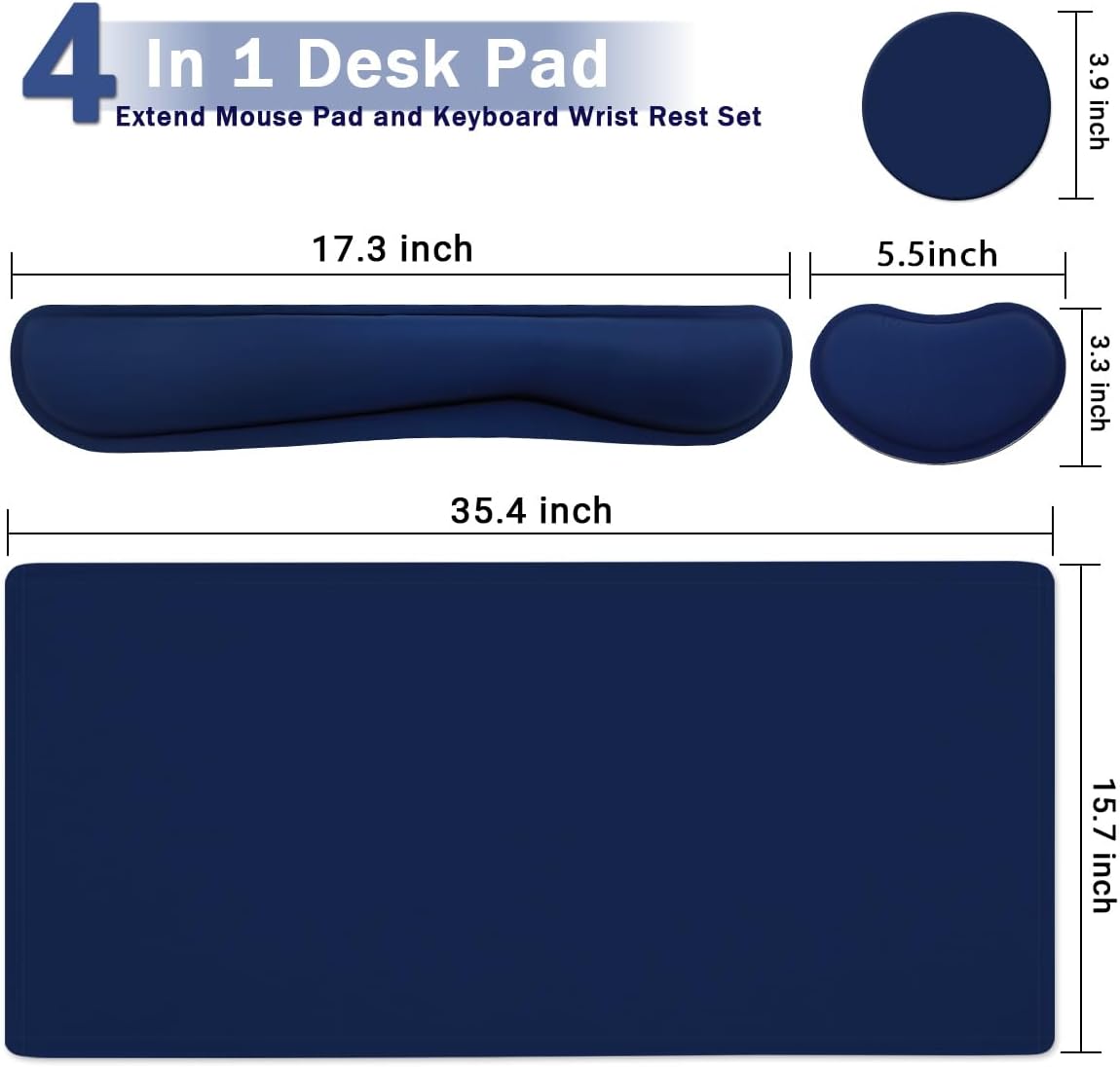 Large Keyboard Mouse Pad Set, Extended Mouse Pad+Keyboard Wrist Rest Support, Memory Foam Ergonomic Easy Typing, 4Pcs (35.4×15.13 in) Desk Pad Set for Home Office Study Game - Dark Blue