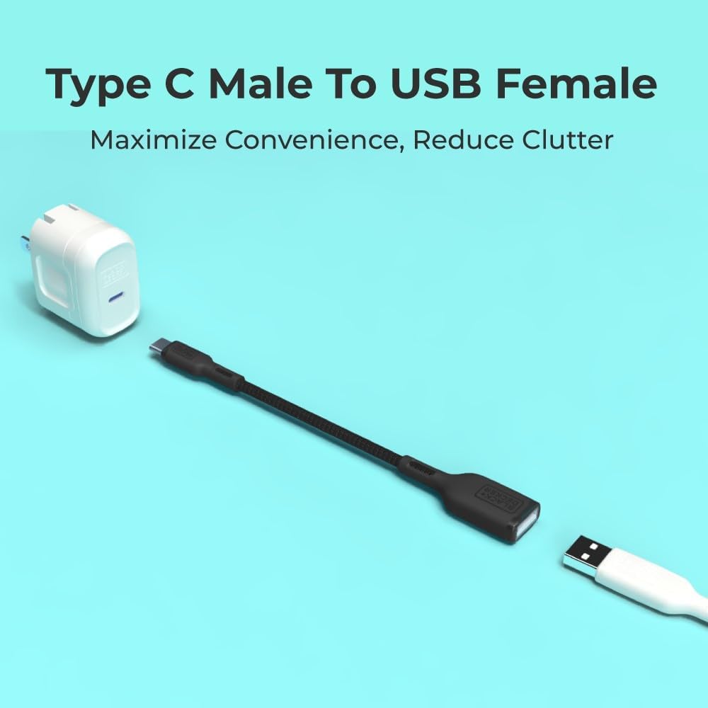 BLACK+DECKER USB C to USB A Adapter, USB C Male to USB Female Adapter Nylon Braid, Type C OTG Cable Compatible w/iPhone 16 15 Pro, MacBook Pro 2022/Air/Mini, iPad—2 Pack, 3" (Black)