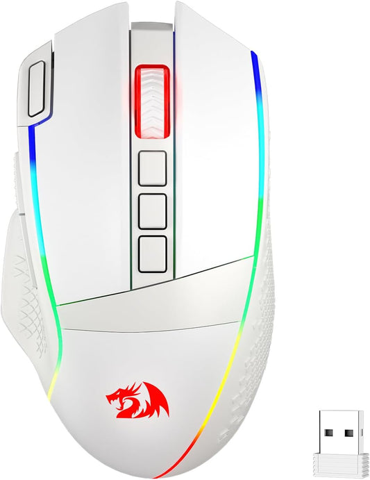 Redragon M991 Wireless Gaming Mouse, 26000 DPI 3-Mode Gamer Mice w/Rapid Fire Key, 9 Macro Buttons, Powerful Capacity and RGB Backlight for PC/Mac/Laptop, White