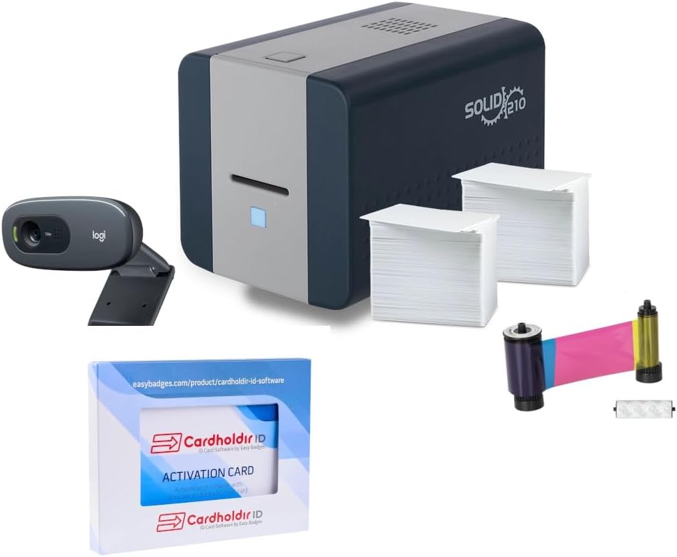 Easy Badges Solid 210 ID Badge Printer | with Beginner Software, HD Webcam, & Everything Needed to Design and Print 200 ID Cards, | Single Sided Employee & Student ID Card Printer
