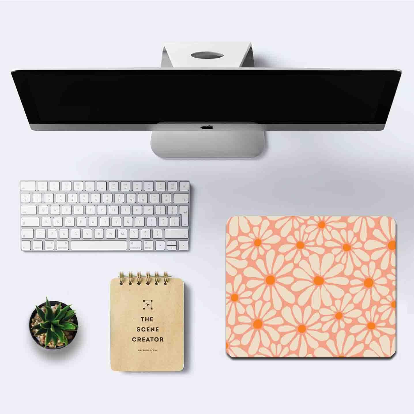 IMAYONDIA Cute Pink Mouse Pad, Daisy Flowers Mouse Pad, Aesthetic Modern Art Mousepad, Abstract Desk Decor, Anti Slip Rubber Base Orange Floral Mice pad for Computer Office Girl, 9.5 x 7.9 Inch