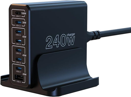 URVNS 240W USB C Charger, 8-Ports Compact GaN PD 100W PPS 45W QC20W Multiport Fast Charging Station for MacBook Laptop, iPhone 16 15 Pro Max, iPad, Galaxy S24 S22, Pixel and More
