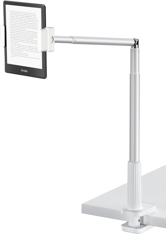 Phone Holder for Bed, 360° Rotation Cell Phone Stand, Flexible Long Arm Headboard Bedside Clip, Multi-Functional Overhead Phone Mount for 3.5-11" Phones, Tablets, Kindle, White