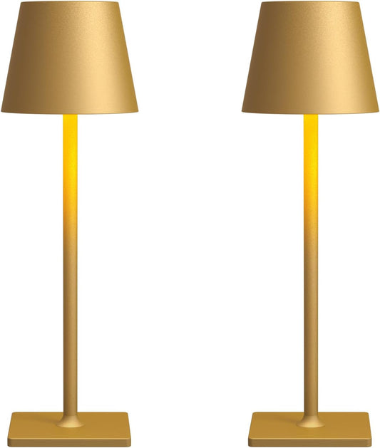 2 Pack Rechargeable Table Lamps, Gold Cordless Lamps - Battery Operated Touch Lamp, Outdoor Table Lights, Waterproof, Wireless, Portable Desk Lamp for Restaurant, Bedroom, Patio(Gold)