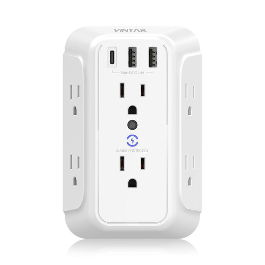 Wall Charger, Surge Protector, 6 Outlet Extender with 3 USB Charging Ports (1 USB C, 3.4A) 900J Wall Mount Power Strip Multi Plug Outlets for Home Travel Office ETL Listed