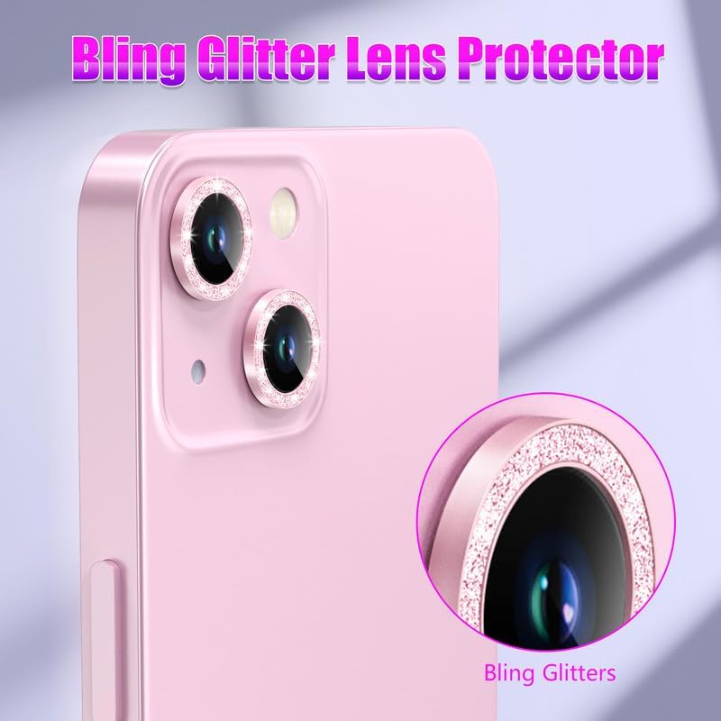 AGVEE 3+3 6 Pack for iPhone 13 6.1 inch / 13 Mini 5.4 inch Camera Lens Cover Protector, Bling Diamond & Bling Glitter Metal Ring 9H Tempered HD Glass Camera Cover Protector Film, Bling-Pink
