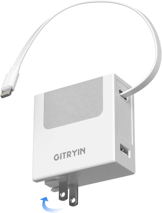 Portable Charger Block, Retractable Wall Charger, 40W PD Fast Charging Block with 31.5in Lightning Cable, Power Adapter with Foldable Plug for iPhone14/13/12, White